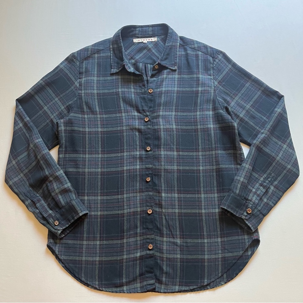 XIRENA grey blue plaid cotton flannel long sleeve button up shirt